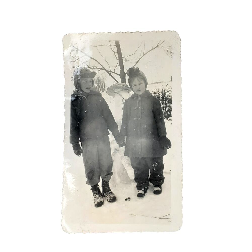 Vtg Siblings with Snowman Monochrome Photography Found Snapshot Portrait